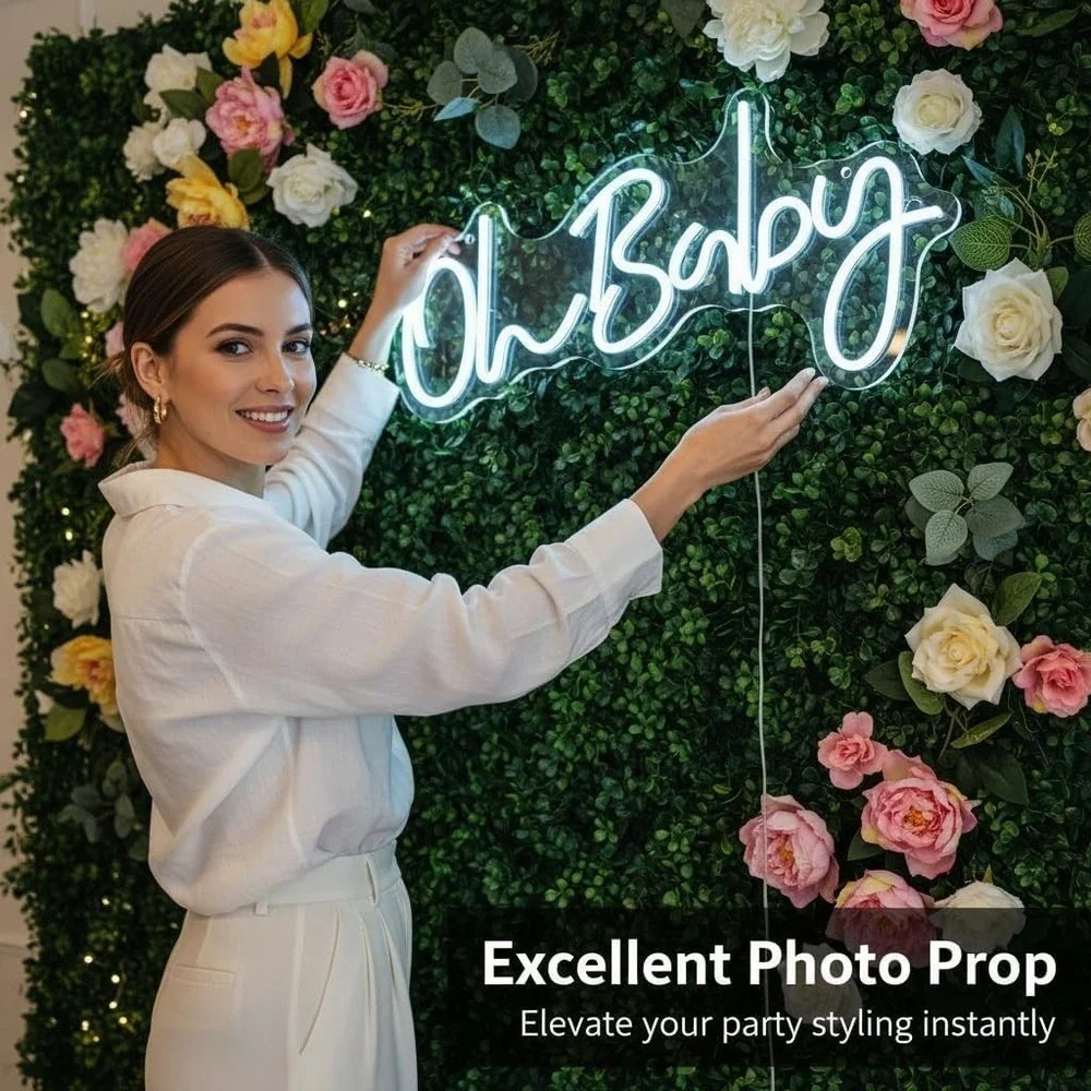 Oh Baby Neon Sign Light Up Letters for Backdrop Nursery Wall Decor 17 x 8 Inch
